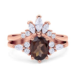 Art Deco Oval Natural Smoky Quartz Engagement Ring Bridal Set