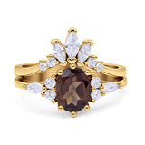 Art Deco Oval Natural Smoky Quartz Engagement Ring Bridal Set