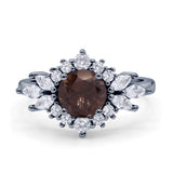 Art Deco Round Natural Smoky Quartz Engagement Ring With CZ Accents