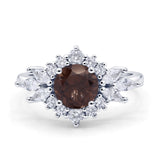 Art Deco Round Natural Smoky Quartz Engagement Ring With CZ Accents
