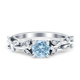 Vintage Floral Leaf Style Round Natural Aquamarine Engagement Ring