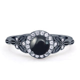 Halo Vintage Style Round Natural Black Onyx Engagement Ring