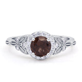 Halo Vintage Style Round Natural Smoky Quartz Engagement Ring