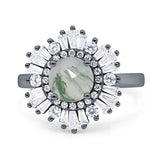 Floral Art Deco Round Natural Green Moss Agate Halo Engagement Ring