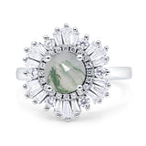 Floral Art Deco Round Natural Green Moss Agate Halo Engagement Ring