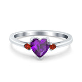 Art Deco Heart Three Stone Wedding Bridal Ring Ruby Simulated Cubic Zirconia 925 Sterling Silver