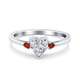 Art Deco Heart Three Stone Wedding Bridal Ring Ruby Simulated Cubic Zirconia 925 Sterling Silver
