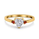 Art Deco Heart Three Stone Wedding Bridal Ring Ruby Simulated Cubic Zirconia 925 Sterling Silver