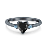 Art Deco Heart Three Stone Wedding Bridal Ring Aquamarine Simulated Cubic Zirconia 925 Sterling Silver