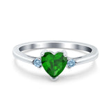 Art Deco Heart Three Stone Wedding Bridal Ring Aquamarine Simulated Cubic Zirconia 925 Sterling Silver