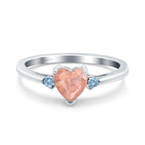 Art Deco Heart Three Stone Wedding Bridal Ring Aquamarine Simulated Cubic Zirconia 925 Sterling Silver
