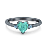 Art Deco Heart Three Stone Wedding Bridal Ring Aquamarine Simulated Cubic Zirconia 925 Sterling Silver