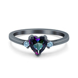 Art Deco Heart Three Stone Wedding Bridal Ring Aquamarine Simulated Cubic Zirconia 925 Sterling Silver