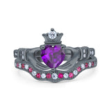 Claddagh Accent Heart Wedding Engagement Bridal Set Piece Ring Band Round Ruby Simulated Cubic Zirconia 925 Sterling Silver