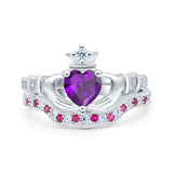 Claddagh Accent Heart Wedding Engagement Bridal Set Piece Ring Band Round Ruby Simulated Cubic Zirconia 925 Sterling Silver