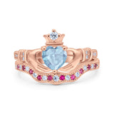 Claddagh Accent Heart Wedding Engagement Bridal Set Piece Ring Band Round Ruby Simulated Cubic Zirconia 925 Sterling Silver