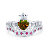 Claddagh Accent Heart Wedding Engagement Bridal Set Piece Ring Band Round Ruby Simulated Cubic Zirconia 925 Sterling Silver