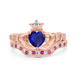 Claddagh Accent Heart Wedding Engagement Bridal Set Piece Ring Band Round Ruby Simulated Cubic Zirconia 925 Sterling Silver
