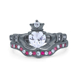 Claddagh Accent Heart Wedding Engagement Bridal Set Piece Ring Band Round Ruby Simulated Cubic Zirconia 925 Sterling Silver
