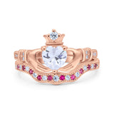 Claddagh Accent Heart Wedding Engagement Bridal Set Piece Ring Band Round Ruby Simulated Cubic Zirconia 925 Sterling Silver