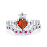 Claddagh Accent Heart Wedding Engagement Bridal Set Piece Ring Band Round Ruby Simulated Cubic Zirconia 925 Sterling Silver