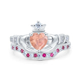 Claddagh Accent Heart Wedding Engagement Bridal Set Piece Ring Band Round Ruby Simulated Cubic Zirconia 925 Sterling Silver