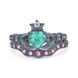Claddagh Accent Heart Wedding Engagement Bridal Set Piece Ring Band Round Ruby Simulated Cubic Zirconia 925 Sterling Silver