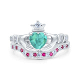 Claddagh Accent Heart Wedding Engagement Bridal Set Piece Ring Band Round Ruby Simulated Cubic Zirconia 925 Sterling Silver