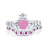 Claddagh Accent Heart Wedding Engagement Bridal Set Piece Ring Band Round Ruby Simulated Cubic Zirconia 925 Sterling Silver