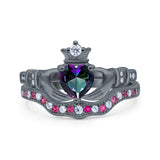 Claddagh Accent Heart Wedding Engagement Bridal Set Piece Ring Band Round Ruby Simulated Cubic Zirconia 925 Sterling Silver