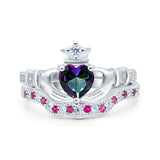 Claddagh Accent Heart Wedding Engagement Bridal Set Piece Ring Band Round Ruby Simulated Cubic Zirconia 925 Sterling Silver