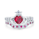 Claddagh Accent Heart Wedding Engagement Bridal Set Piece Ring Band Round Ruby Simulated Cubic Zirconia 925 Sterling Silver