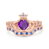 Claddagh Accent Heart Wedding Bridal Set Piece Ring Band Round Blue Sapphire Simulated Cubic Zirconia 925 Sterling Silver