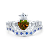 Claddagh Accent Heart Wedding Bridal Set Piece Ring Band Round Blue Sapphire Simulated Cubic Zirconia 925 Sterling Silver