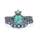 Claddagh Accent Heart Wedding Bridal Set Piece Ring Band Round Blue Sapphire Simulated Cubic Zirconia 925 Sterling Silver