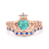 Claddagh Accent Heart Wedding Bridal Set Piece Ring Band Round Blue Sapphire Simulated Cubic Zirconia 925 Sterling Silver