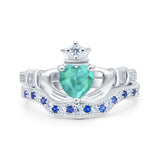 Claddagh Accent Heart Wedding Bridal Set Piece Ring Band Round Blue Sapphire Simulated Cubic Zirconia 925 Sterling Silver