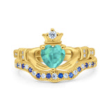 Claddagh Accent Heart Wedding Bridal Set Piece Ring Band Round Blue Sapphire Simulated Cubic Zirconia 925 Sterling Silver