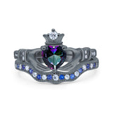 Claddagh Accent Heart Wedding Bridal Set Piece Ring Band Round Blue Sapphire Simulated Cubic Zirconia 925 Sterling Silver