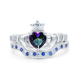 Claddagh Accent Heart Wedding Bridal Set Piece Ring Band Round Blue Sapphire Simulated Cubic Zirconia 925 Sterling Silver