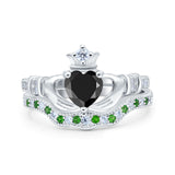 Claddagh Accent Heart Wedding Bridal Set Piece Ring Band Round Green Emerald Simulated Cubic Zirconia 925 Sterling Silver
