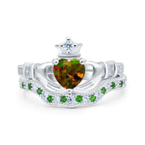 Claddagh Accent Heart Wedding Bridal Set Piece Ring Band Round Green Emerald Simulated Cubic Zirconia 925 Sterling Silver