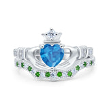 Claddagh Accent Heart Wedding Bridal Set Piece Ring Band Round Green Emerald Simulated Cubic Zirconia 925 Sterling Silver