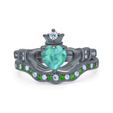 Claddagh Accent Heart Wedding Bridal Set Piece Ring Band Round Green Emerald Simulated Cubic Zirconia 925 Sterling Silver