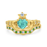 Claddagh Accent Heart Wedding Bridal Set Piece Ring Band Round Green Emerald Simulated Cubic Zirconia 925 Sterling Silver
