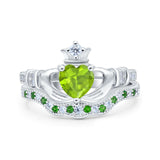 Claddagh Accent Heart Wedding Bridal Set Piece Ring Band Round Green Emerald Simulated Cubic Zirconia 925 Sterling Silver