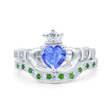 Claddagh Accent Heart Wedding Bridal Set Piece Ring Band Round Green Emerald Simulated Cubic Zirconia 925 Sterling Silver