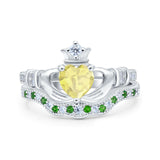 Claddagh Accent Heart Wedding Bridal Set Piece Ring Band Round Green Emerald Simulated Cubic Zirconia 925 Sterling Silver