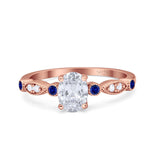 Vintage Style Oval Bridal Wedding Engagement Ring Round Blue Sapphire Simulated Cubic Zirconia 925 Sterling Silver