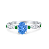 Vintage Style Oval Bridal Wedding Engagement Ring Round Green Emerald Simulated Cubic Zirconia 925 Sterling Silver